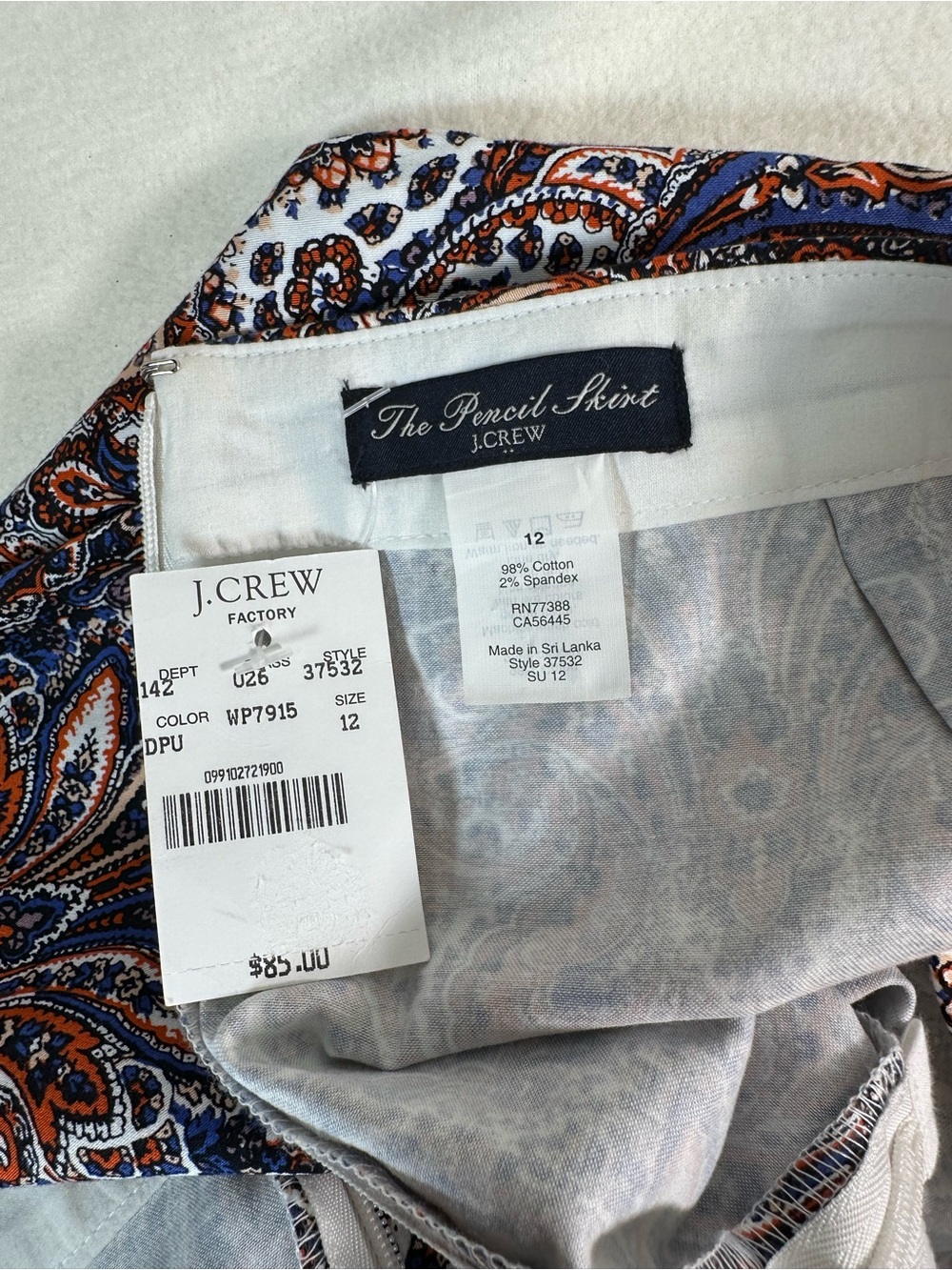 NWT J. Crew Women’s Blue, Orange & White Paisley Pencil Skirt Size 12 - Picture 7 of 7